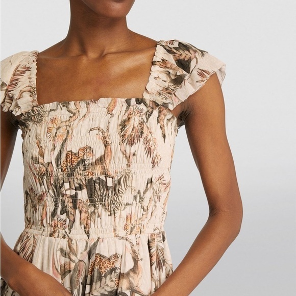 ALLSAINTS Mali Ukushisa Midi Dress Smocked Ruffle Safari Animal Print Size 10 - Picture 3 of 11